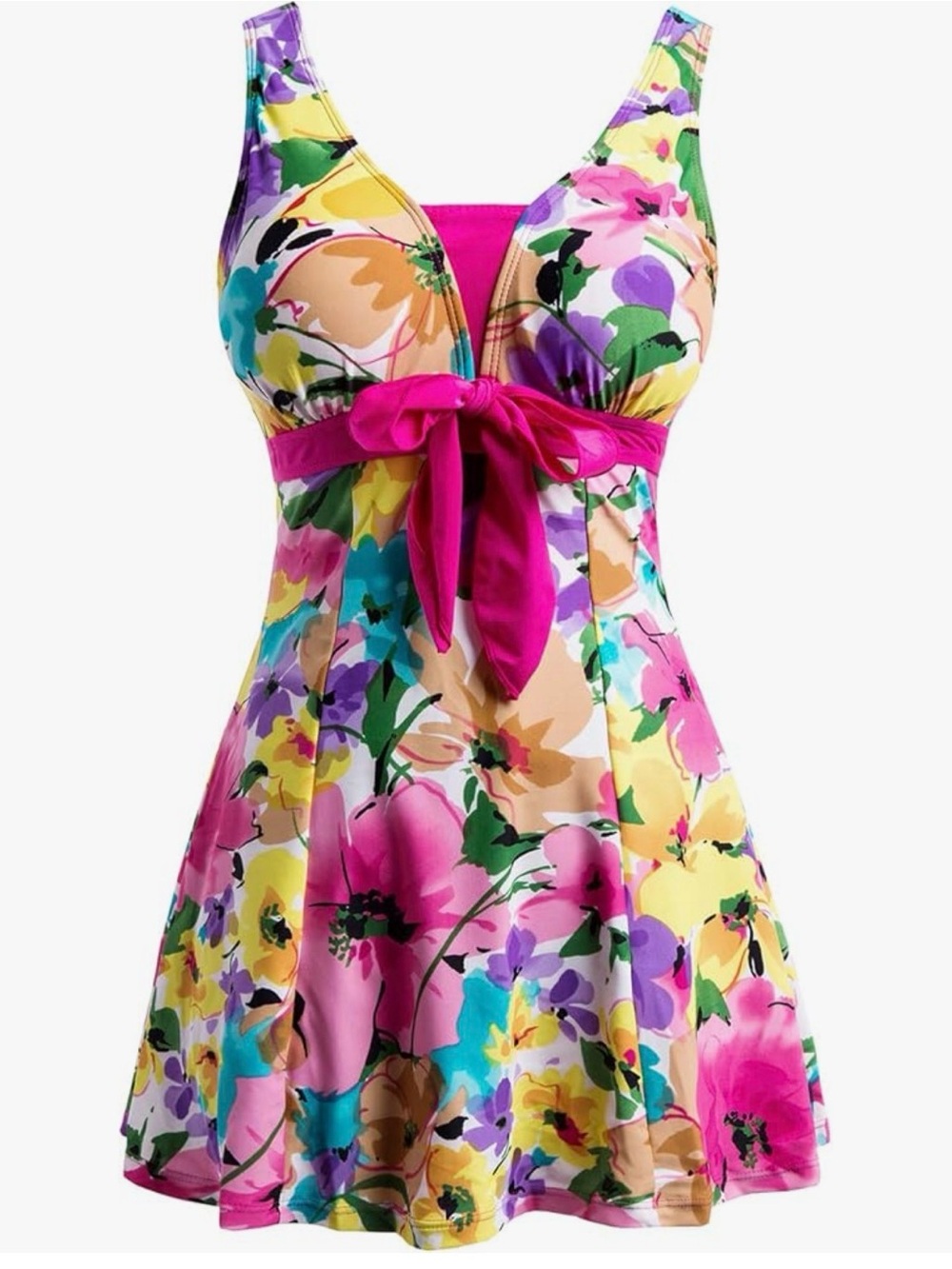 Floral Tie-Front One-Piece Swimdress in Fuchsia Multi